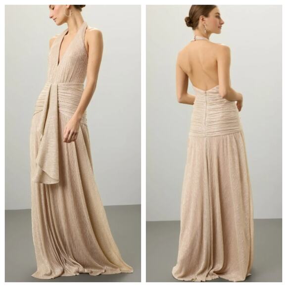 PatBO Gold Lurex Draped Halter Maxi Dress Size 4 - Picture 1 of 9